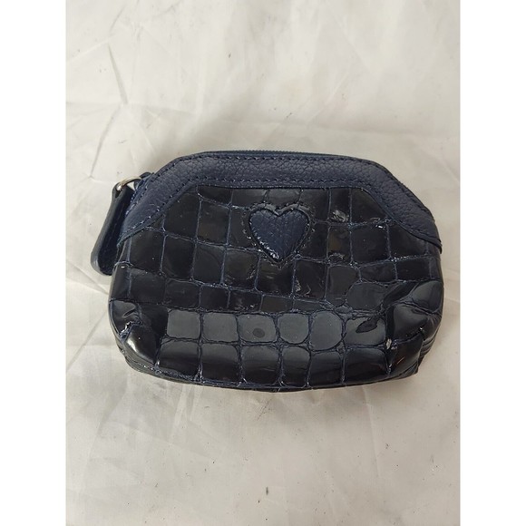 Brighton Black Leather Coin Purse  Heart Croc Embossed Shiny Zip Closure 4" - Picture 1 of 8